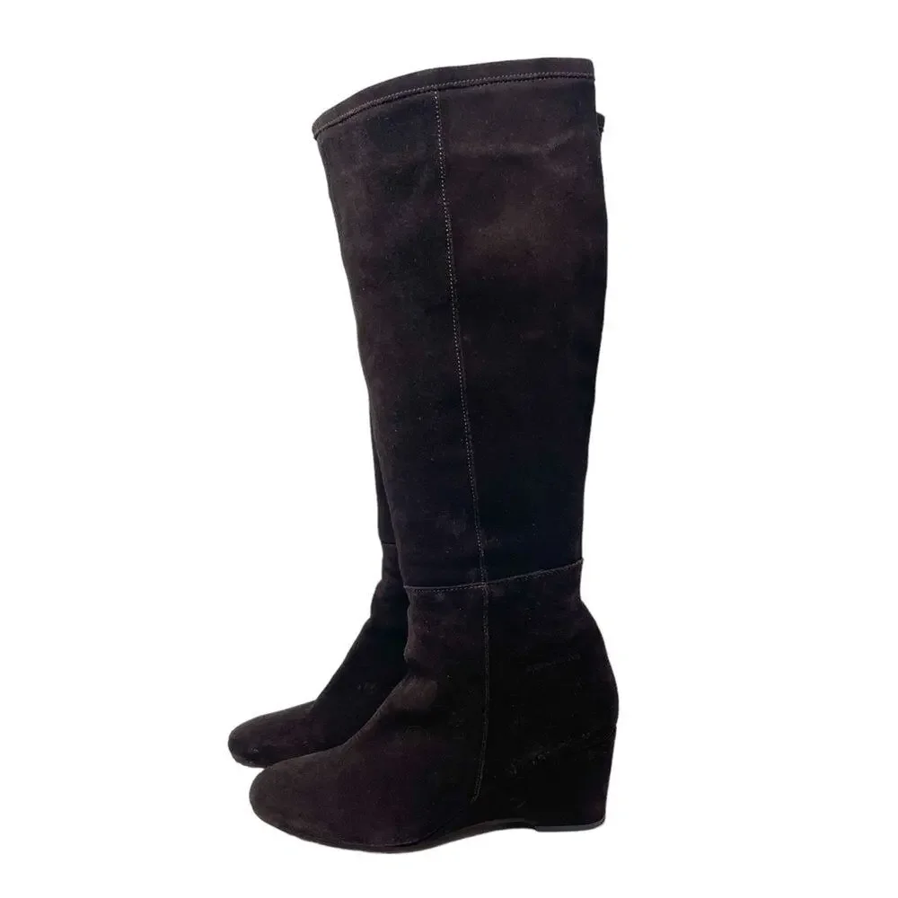 Pepe Jeans Suede Tall Wedge Heel Boots - Dark Brown - Size 40